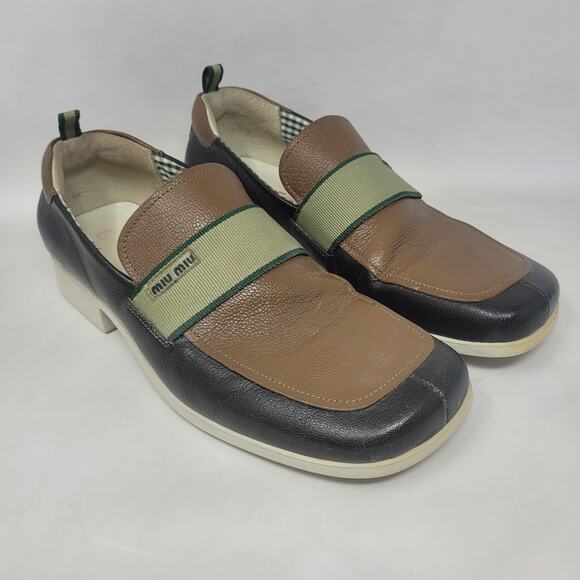 Miu Miu Shoes Mens 6.5 Brown Green Leather Colorblock Loafers Slip On Sporty main image 10
